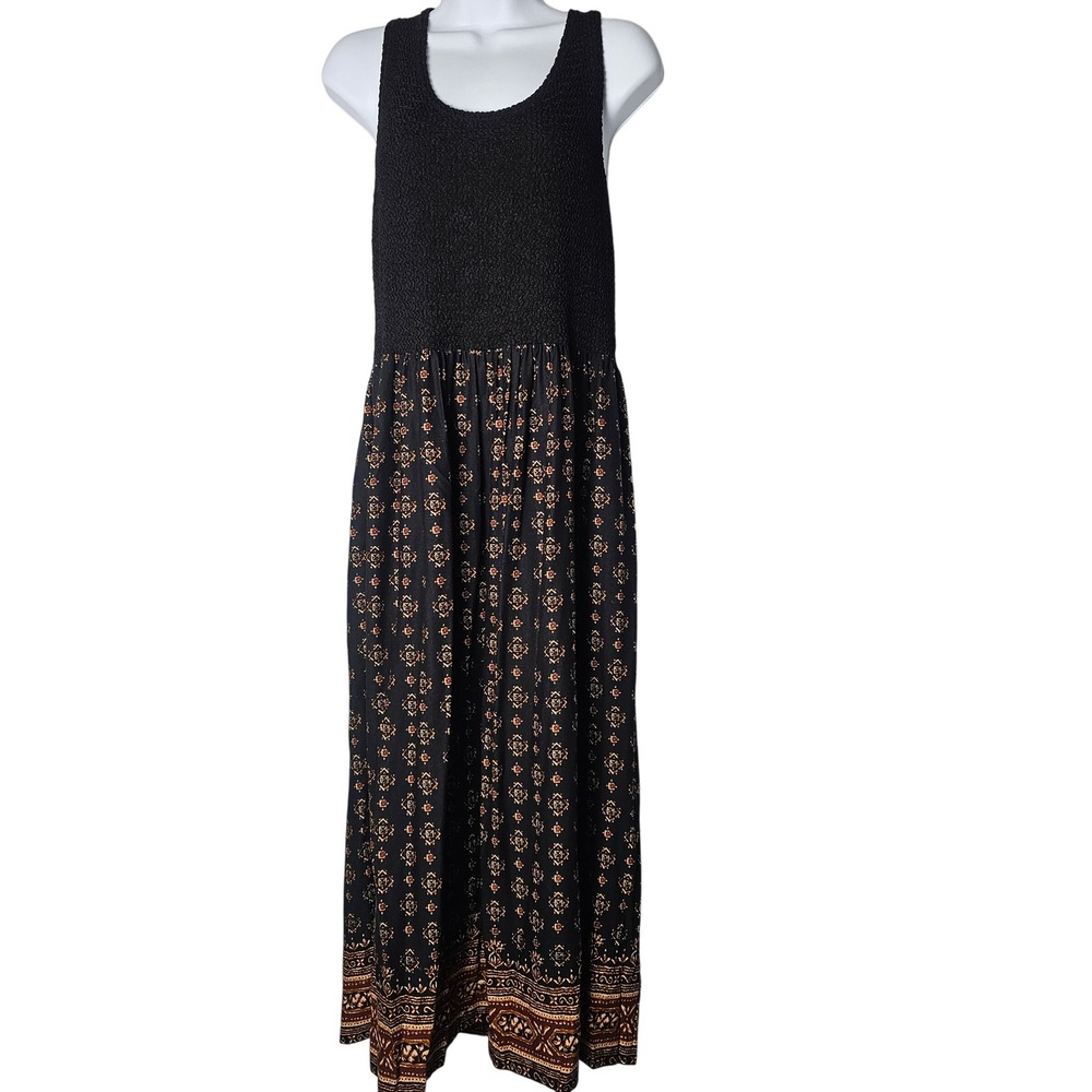 VTG All That Jazz Black Textured Bodice Maxi Dress Geometric‎ Print Size 13 14